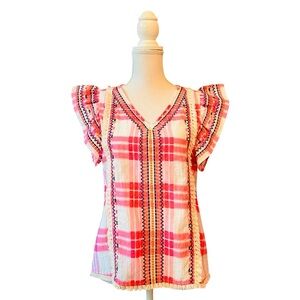 THML Vibrant Pink and White Plaid Ruffle Blouse Size Small
